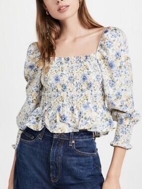 En Saison Floral Chiffon Puff Sleeve Smocked Top Blouse